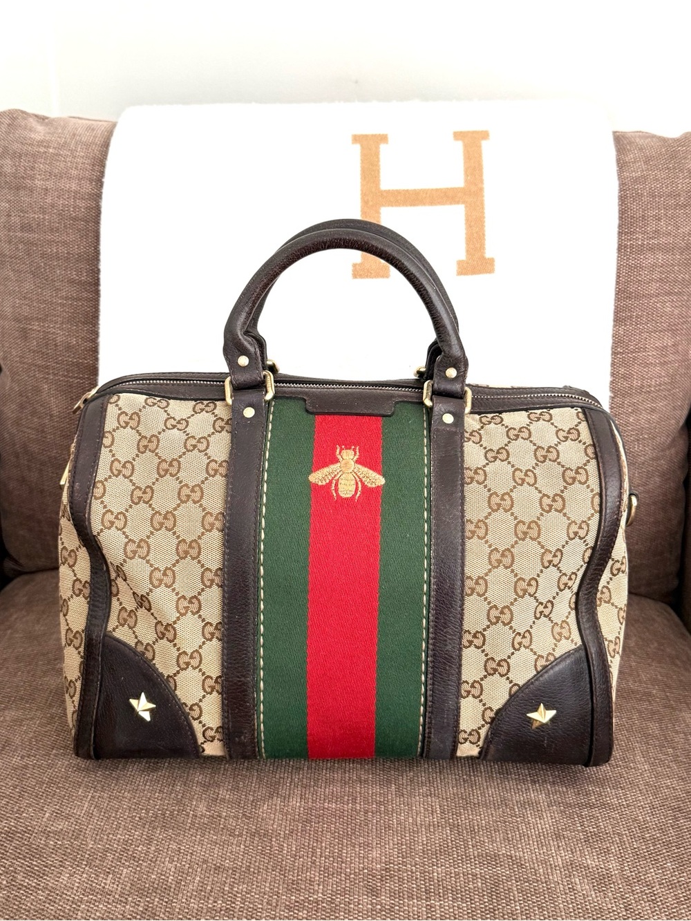 Authentic Gucci brown monogram canvas Boston satchel bag red green accents